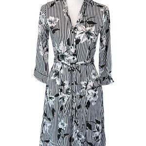 Ann Taylor Striped Floral Petite Shirt Dress in Black, White & Pink Pockets Belt